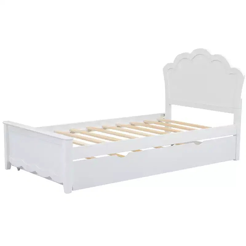 Bed Frame with Trundle, Wood Platform Bed with Headboard, Wood Trundle Bed Frame for Bedroom, White