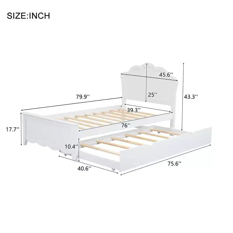 Bed Frame with Trundle, Wood Platform Bed with Headboard, Wood Trundle Bed Frame for Bedroom, White