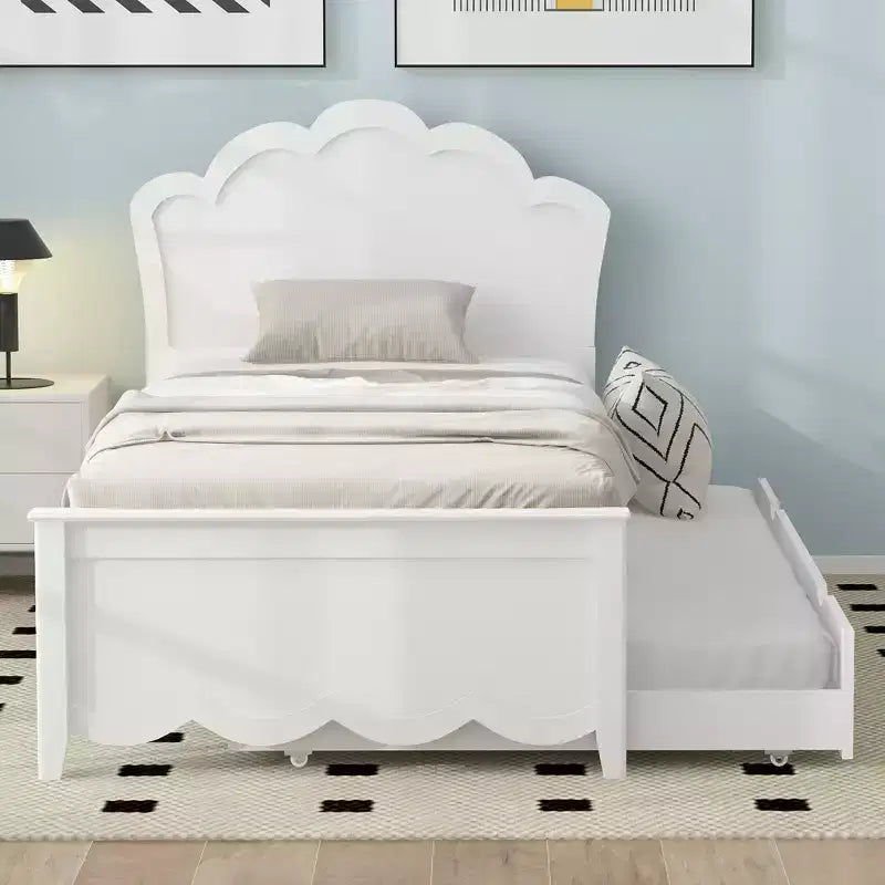 Bed Frame with Trundle, Wood Platform Bed with Headboard, Wood Trundle Bed Frame for Bedroom, White
