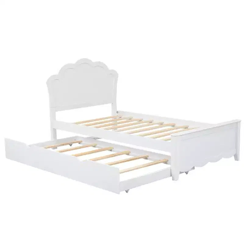 Bed Frame with Trundle, Wood Platform Bed with Headboard, Wood Trundle Bed Frame for Bedroom, White