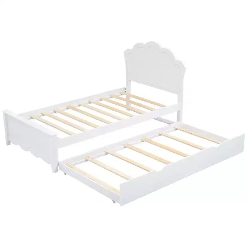 Bed Frame with Trundle, Wood Platform Bed with Headboard, Wood Trundle Bed Frame for Bedroom, White