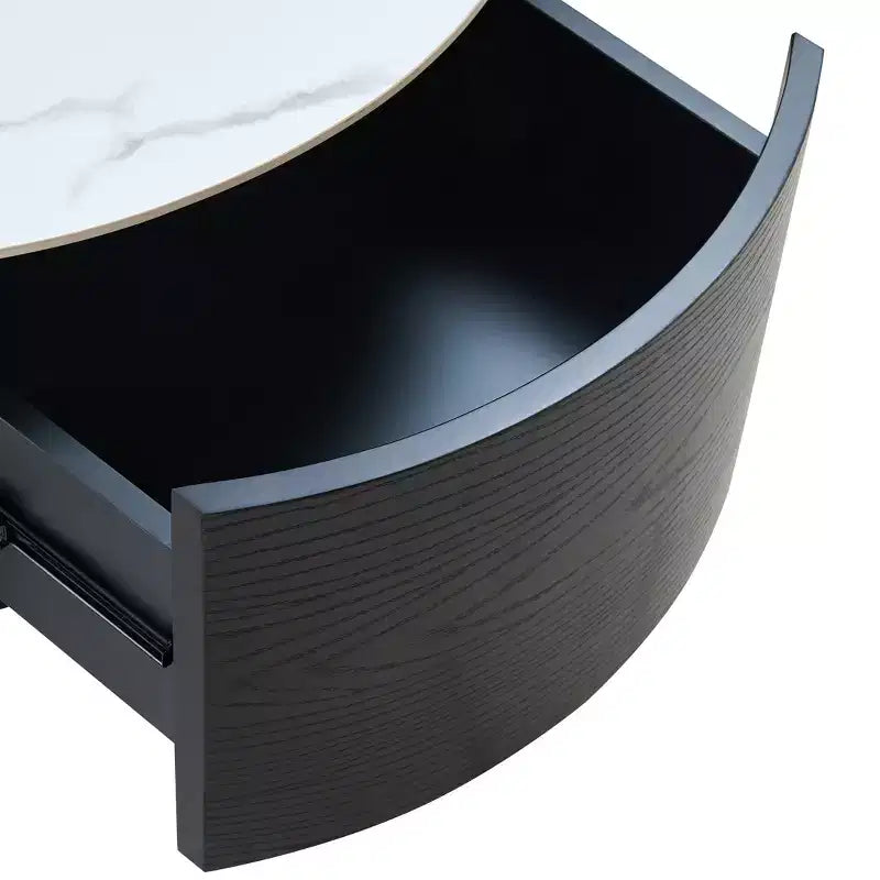 29.5W Round Coffee Table with Marble Pattern Sintered Stone Top, Movable with Locking Casters & 2 Soft-Close Drawers - ModernLuxe