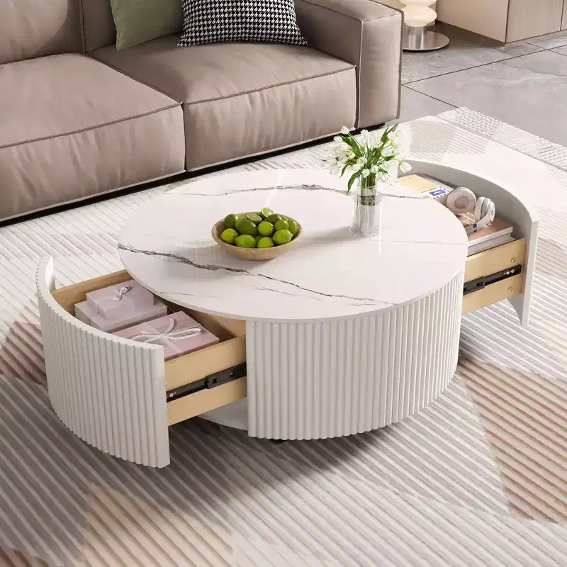 29.5W Round Coffee Table with Marble Pattern Sintered Stone Top, Movable with Locking Casters & 2 Soft-Close Drawers - ModernLuxe