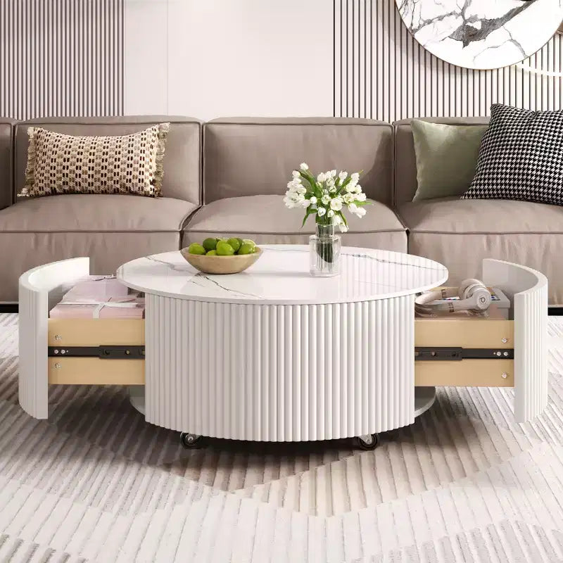 29.5W Round Coffee Table with Marble Pattern Sintered Stone Top, Movable with Locking Casters & 2 Soft-Close Drawers - ModernLuxe