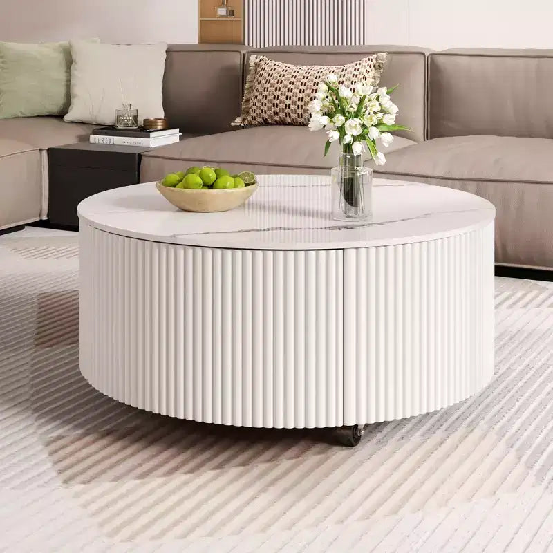 29.5W Round Coffee Table with Marble Pattern Sintered Stone Top, Movable with Locking Casters & 2 Soft-Close Drawers - ModernLuxe