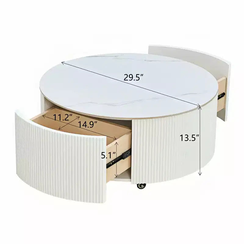 29.5W Round Coffee Table with Marble Pattern Sintered Stone Top, Movable with Locking Casters & 2 Soft-Close Drawers - ModernLuxe