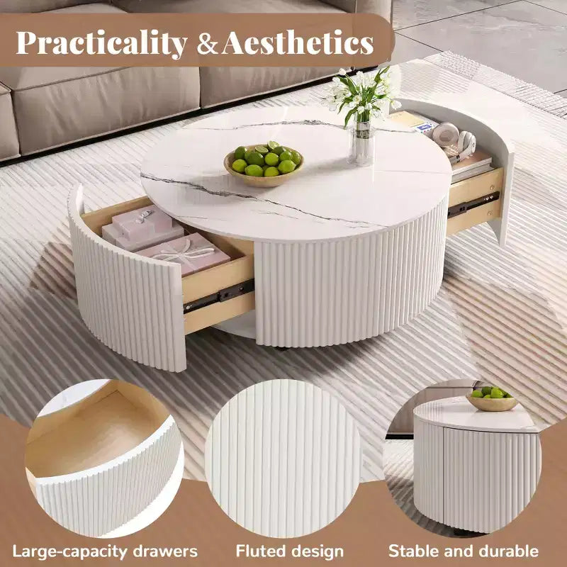 29.5W Round Coffee Table with Marble Pattern Sintered Stone Top, Movable with Locking Casters & 2 Soft-Close Drawers - ModernLuxe