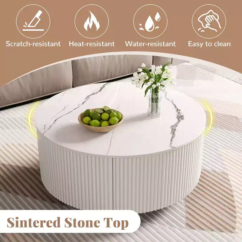29.5W Round Coffee Table with Marble Pattern Sintered Stone Top, Movable with Locking Casters & 2 Soft-Close Drawers - ModernLuxe