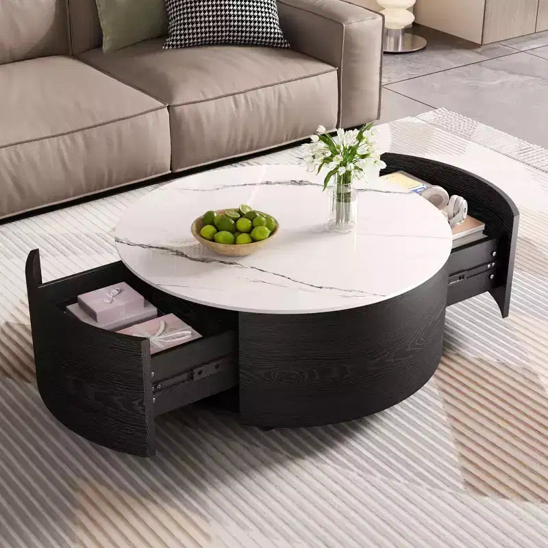 29.5W Round Coffee Table with Marble Pattern Sintered Stone Top, Movable with Locking Casters & 2 Soft-Close Drawers - ModernLuxe