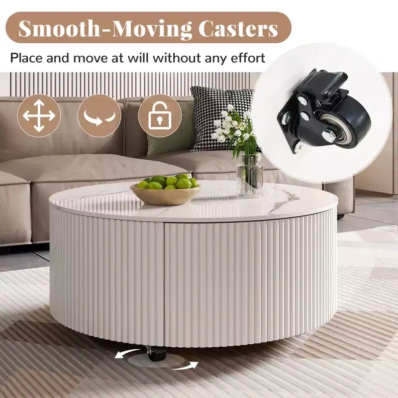 29.5W Round Coffee Table with Marble Pattern Sintered Stone Top, Movable with Locking Casters & 2 Soft-Close Drawers - ModernLuxe
