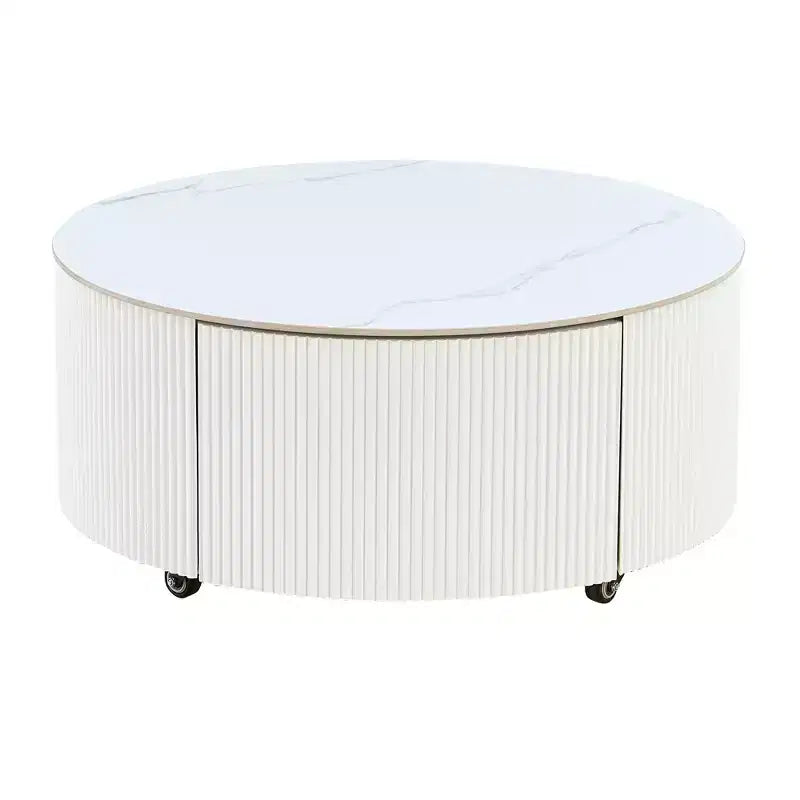 29.5W Round Coffee Table with Marble Pattern Sintered Stone Top, Movable with Locking Casters & 2 Soft-Close Drawers - ModernLuxe