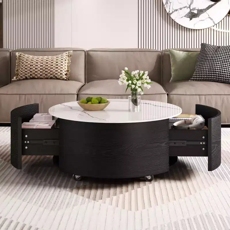 29.5W Round Coffee Table with Marble Pattern Sintered Stone Top, Movable with Locking Casters & 2 Soft-Close Drawers - ModernLuxe