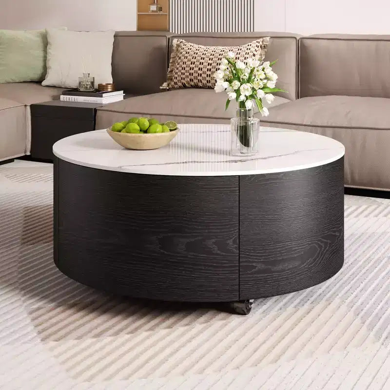 29.5W Round Coffee Table with Marble Pattern Sintered Stone Top, Movable with Locking Casters & 2 Soft-Close Drawers - ModernLuxe
