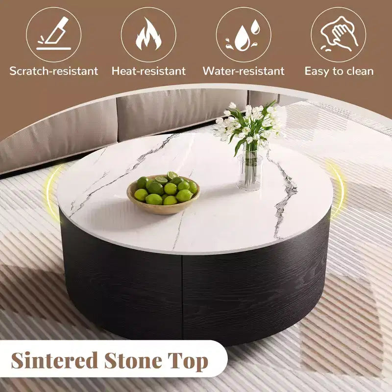 29.5W Round Coffee Table with Marble Pattern Sintered Stone Top, Movable with Locking Casters & 2 Soft-Close Drawers - ModernLuxe