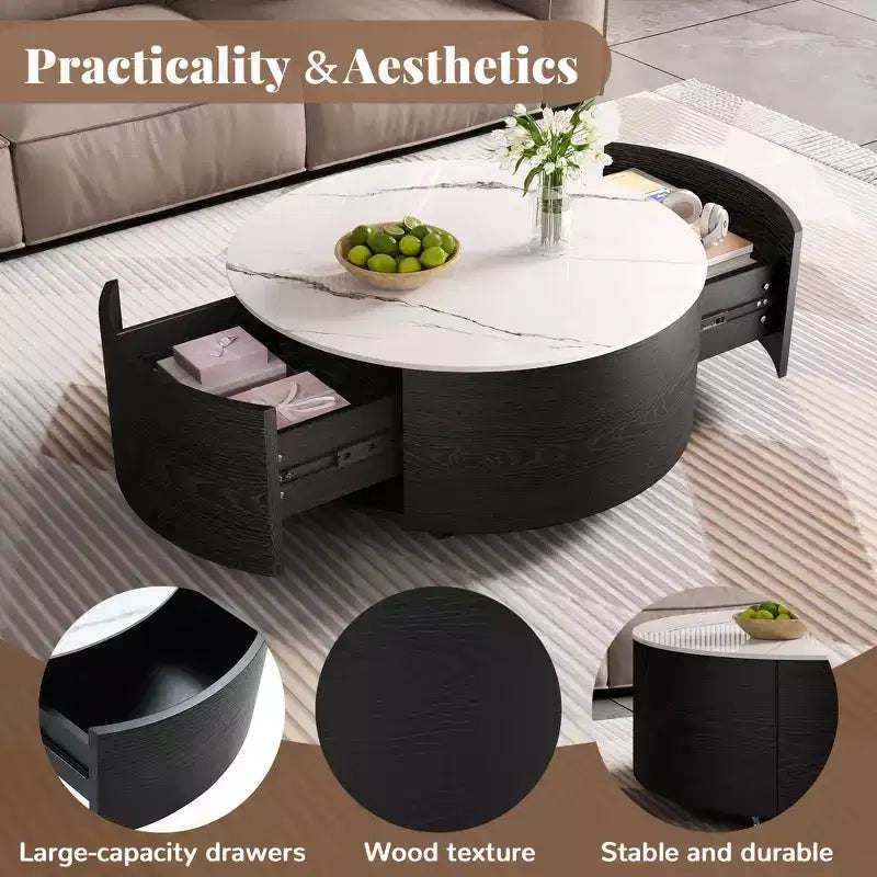 29.5W Round Coffee Table with Marble Pattern Sintered Stone Top, Movable with Locking Casters & 2 Soft-Close Drawers - ModernLuxe