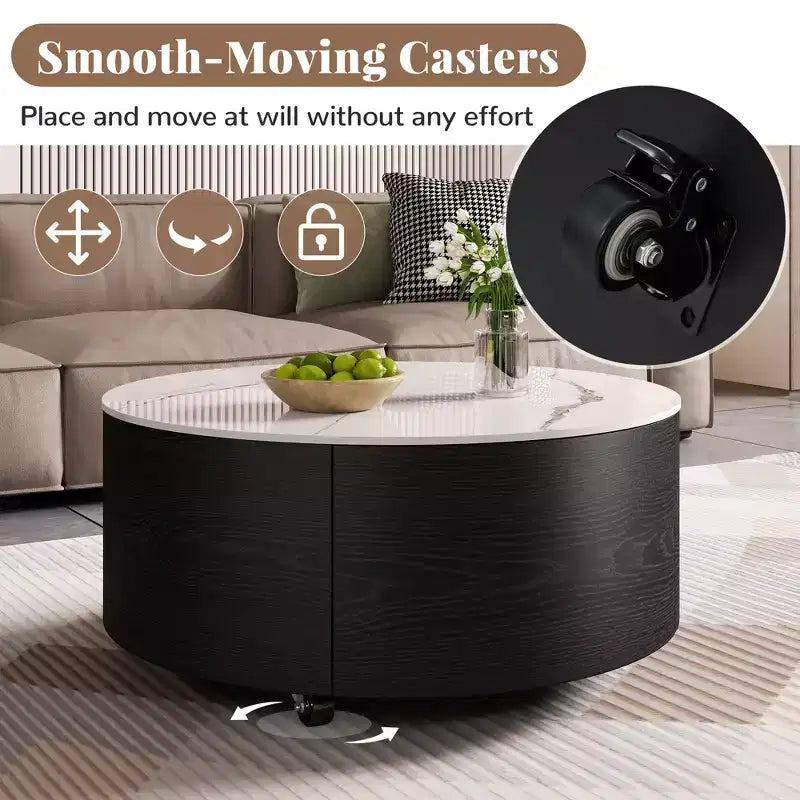 29.5W Round Coffee Table with Marble Pattern Sintered Stone Top, Movable with Locking Casters & 2 Soft-Close Drawers - ModernLuxe