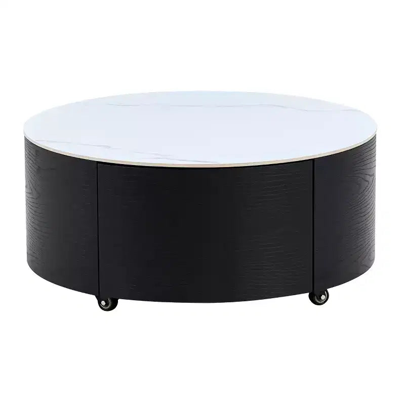 29.5W Round Coffee Table with Marble Pattern Sintered Stone Top, Movable with Locking Casters & 2 Soft-Close Drawers - ModernLuxe