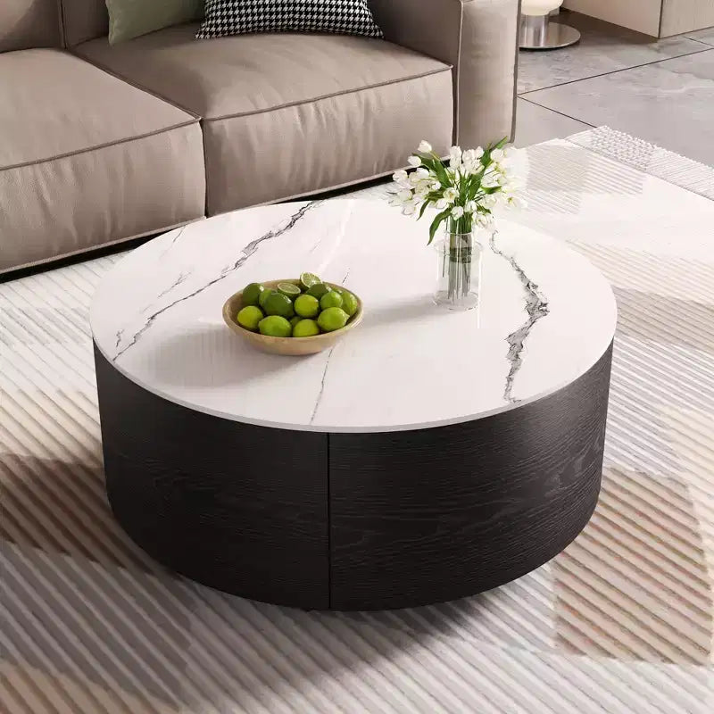29.5W Round Coffee Table with Marble Pattern Sintered Stone Top, Movable with Locking Casters & 2 Soft-Close Drawers - ModernLuxe