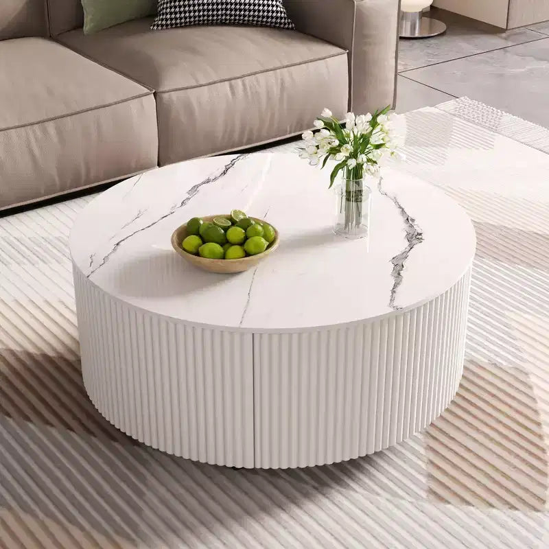 29.5W Round Coffee Table with Marble Pattern Sintered Stone Top, Movable with Locking Casters & 2 Soft-Close Drawers - ModernLuxe