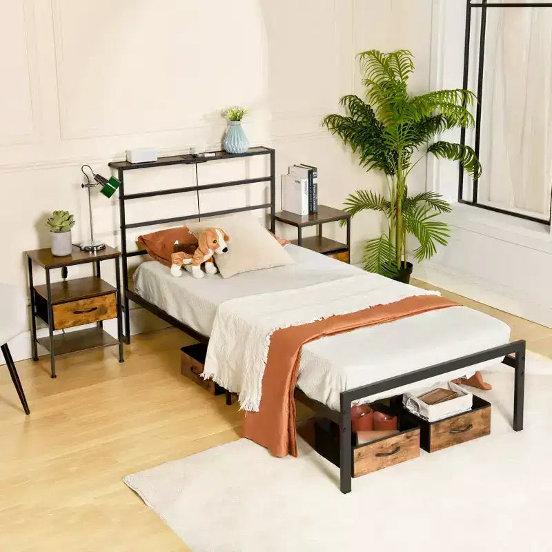 FurnitureR Metal Bed Frame Twin with Led Lights and Charging Station, Mattress Foundation, Iron-Art Headboard and Footboard, Storage Shelves, Black