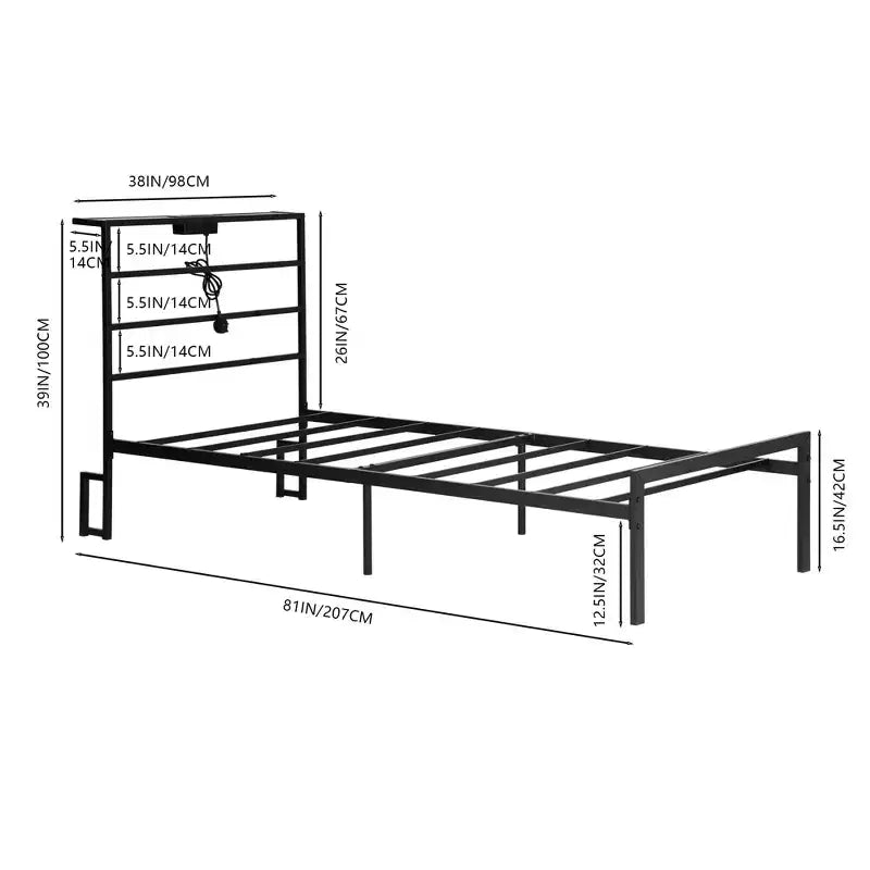 FurnitureR Metal Bed Frame Twin with Led Lights and Charging Station, Mattress Foundation, Iron-Art Headboard and Footboard, Storage Shelves, Black