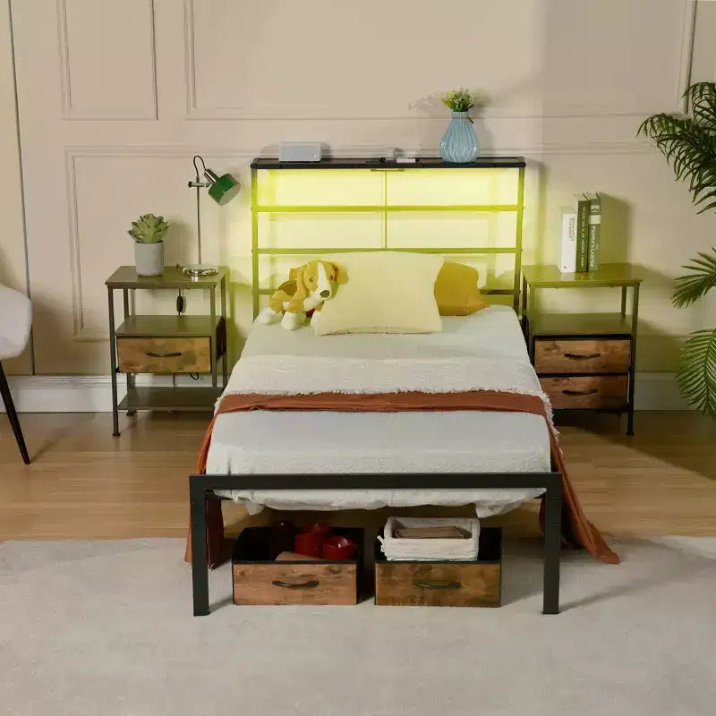 FurnitureR Metal Bed Frame Twin with Led Lights and Charging Station, Mattress Foundation, Iron-Art Headboard and Footboard, Storage Shelves, Black