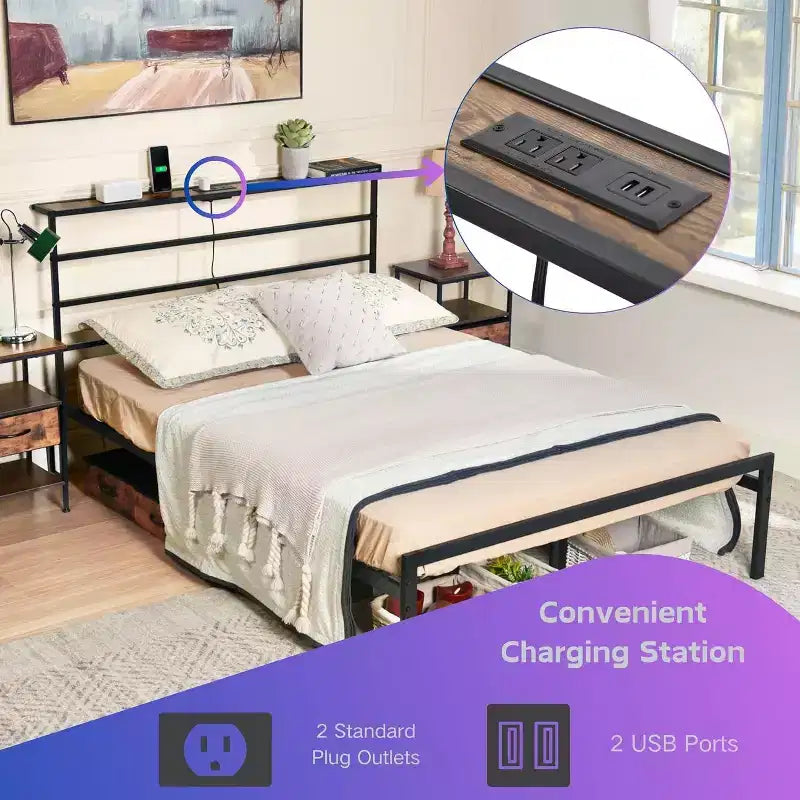 FurnitureR Metal Bed Frame Twin with Led Lights and Charging Station, Mattress Foundation, Iron-Art Headboard and Footboard, Storage Shelves, Black