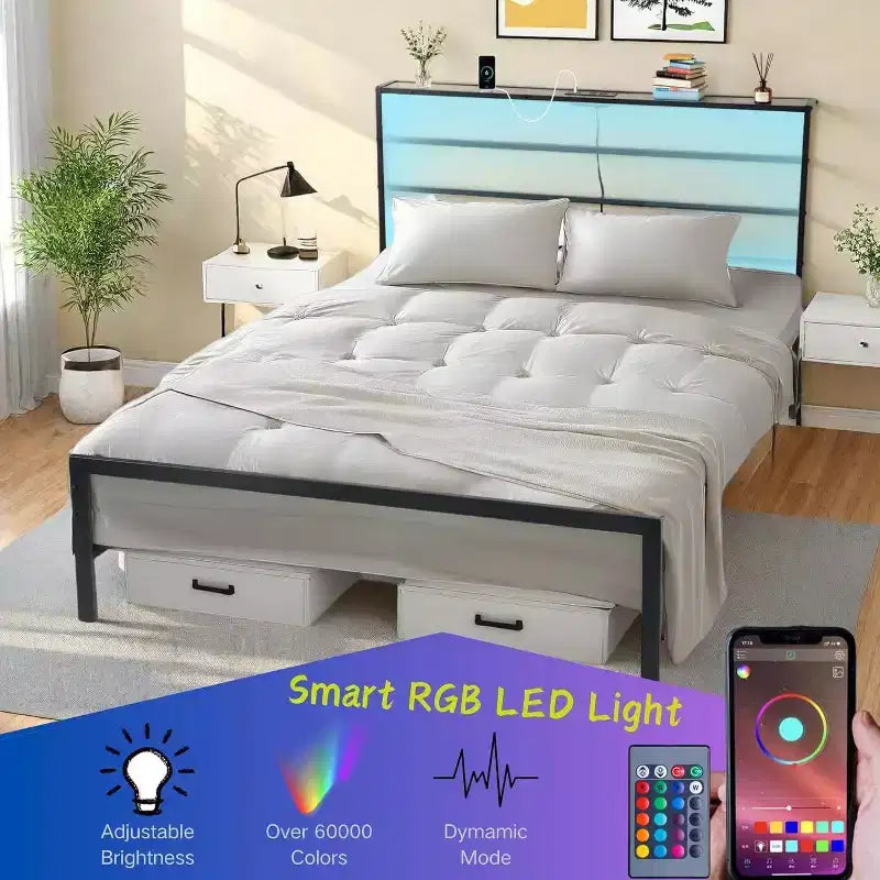 FurnitureR Metal Bed Frame Twin with Led Lights and Charging Station, Mattress Foundation, Iron-Art Headboard and Footboard, Storage Shelves, Black