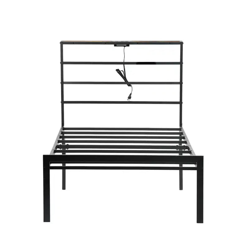 FurnitureR Metal Bed Frame Twin with Led Lights and Charging Station, Mattress Foundation, Iron-Art Headboard and Footboard, Storage Shelves, Black