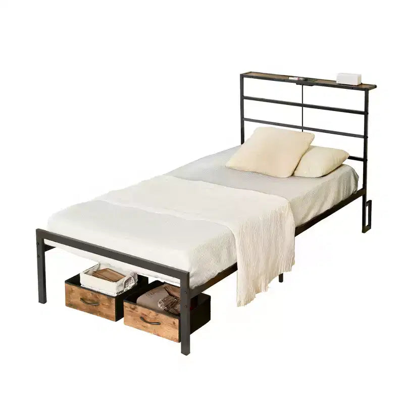 FurnitureR Metal Bed Frame Twin with Led Lights and Charging Station, Mattress Foundation, Iron-Art Headboard and Footboard, Storage Shelves, Black