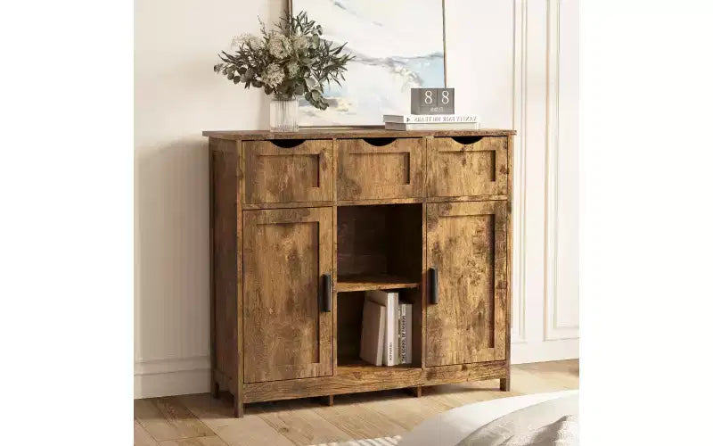 Zevemomo Modern Farmhouse Sideboard Buffet Cabinet with Drawer & Adjustable Shelf, Kitchen Storage & Coffee Bar Cabinet for Dining Room,Retro wood
