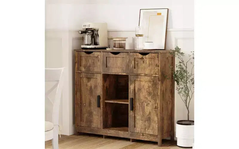 Zevemomo Modern Farmhouse Sideboard Buffet Cabinet with Drawer & Adjustable Shelf, Kitchen Storage & Coffee Bar Cabinet for Dining Room,Retro wood