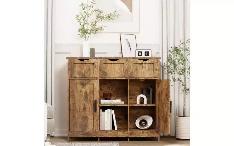 Zevemomo Modern Farmhouse Sideboard Buffet Cabinet with Drawer & Adjustable Shelf, Kitchen Storage & Coffee Bar Cabinet for Dining Room,Retro wood
