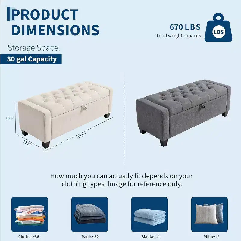 Storage Ottoman Bench 50.8 Inch with Safety Slow-Close Hinge, Tufted Upholstered Bench for Bedroom Entryway Living Room, 670 Lbs Weight Capacity