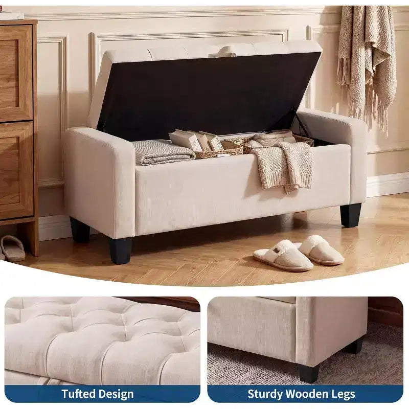 Storage Ottoman Bench 50.8 Inch with Safety Slow-Close Hinge, Tufted Upholstered Bench for Bedroom Entryway Living Room, 670 Lbs Weight Capacity