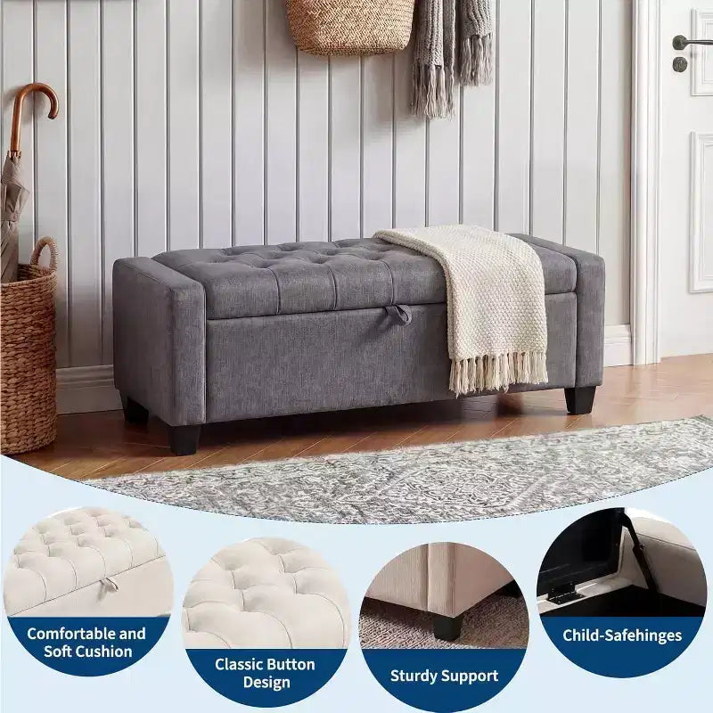 Storage Ottoman Bench 50.8 Inch with Safety Slow-Close Hinge, Tufted Upholstered Bench for Bedroom Entryway Living Room, 670 Lbs Weight Capacity