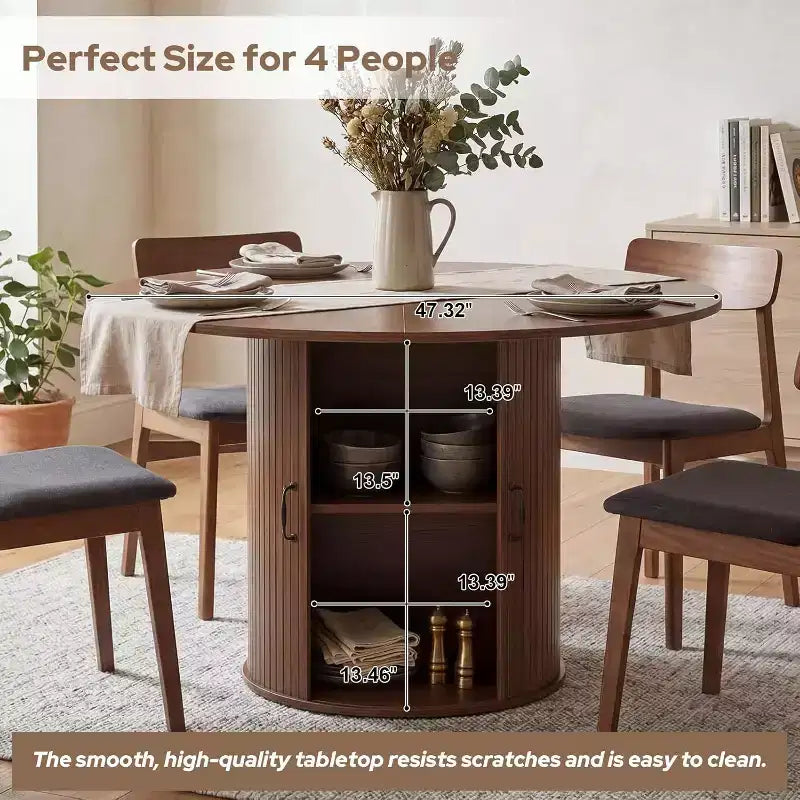 Zevemomo 47.32 inch Round Dining Table for 4(Table Only), Wood Kitchen Table with Storage Shelf and Doors for Kitchen, Living Room, Restaurants