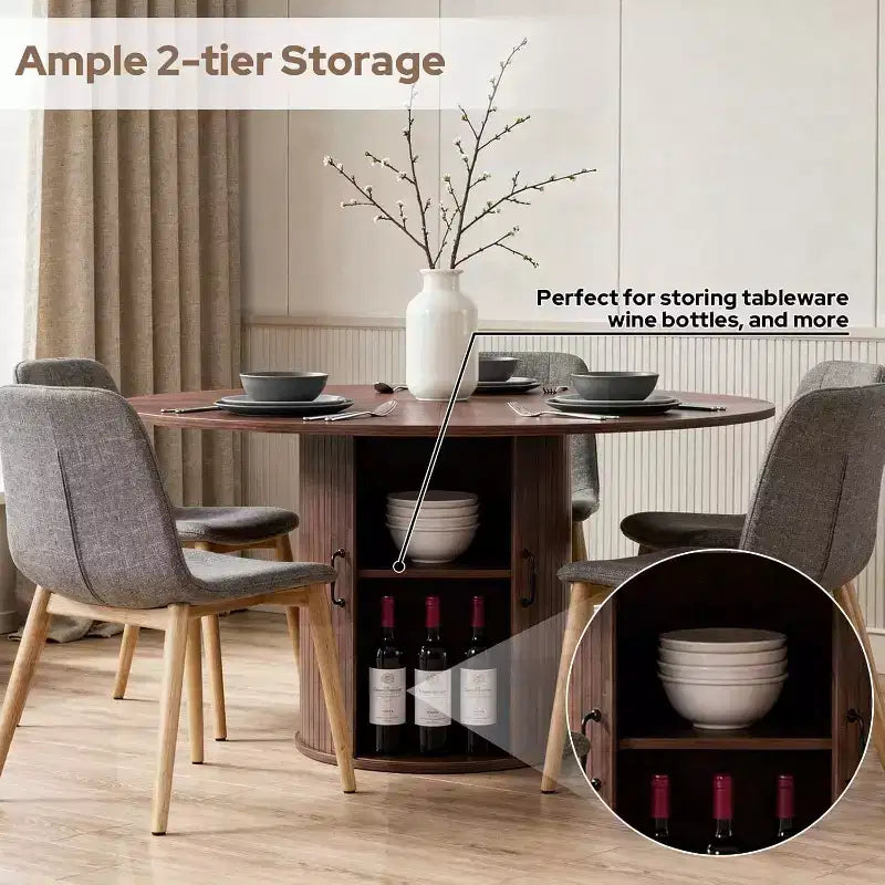 Zevemomo 47.32 inch Round Dining Table for 4(Table Only), Wood Kitchen Table with Storage Shelf and Doors for Kitchen, Living Room, Restaurants