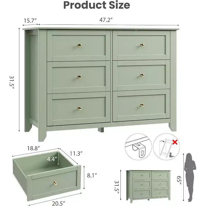 Modern Elegant 6-Drawer Storage Dresser,Lacquer Finish Wooden Chest with Solid Wood Legs, Versatile Organizer for Bedroom,Nursery,Living Room&Closet
