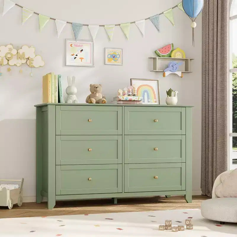 Modern Elegant 6-Drawer Storage Dresser,Lacquer Finish Wooden Chest with Solid Wood Legs, Versatile Organizer for Bedroom,Nursery,Living Room&Closet