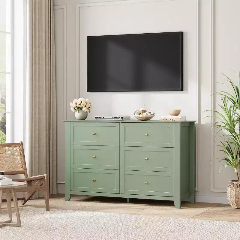 Modern Elegant 6-Drawer Storage Dresser,Lacquer Finish Wooden Chest with Solid Wood Legs, Versatile Organizer for Bedroom,Nursery,Living Room&Closet