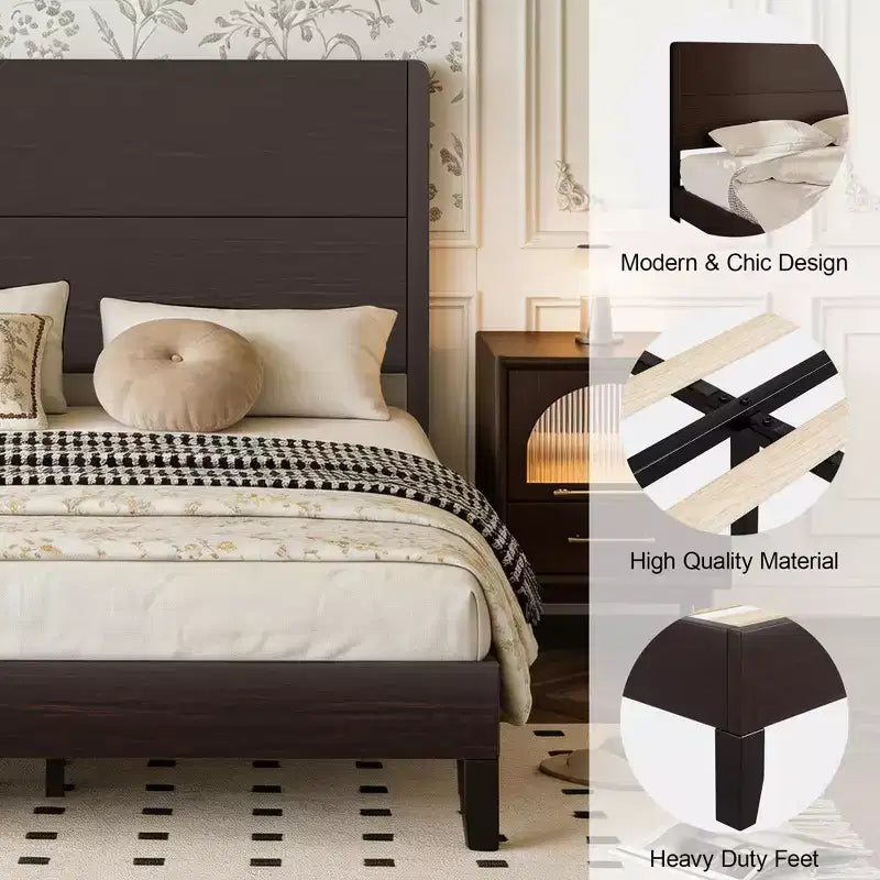 Dyonery Queen/King Size Solid Wood Bed Frame,Rustic Platform Bed with 50 Headboard,Wood Slats Support/Noiseless/No Box Spring Needed/Dark Brown
