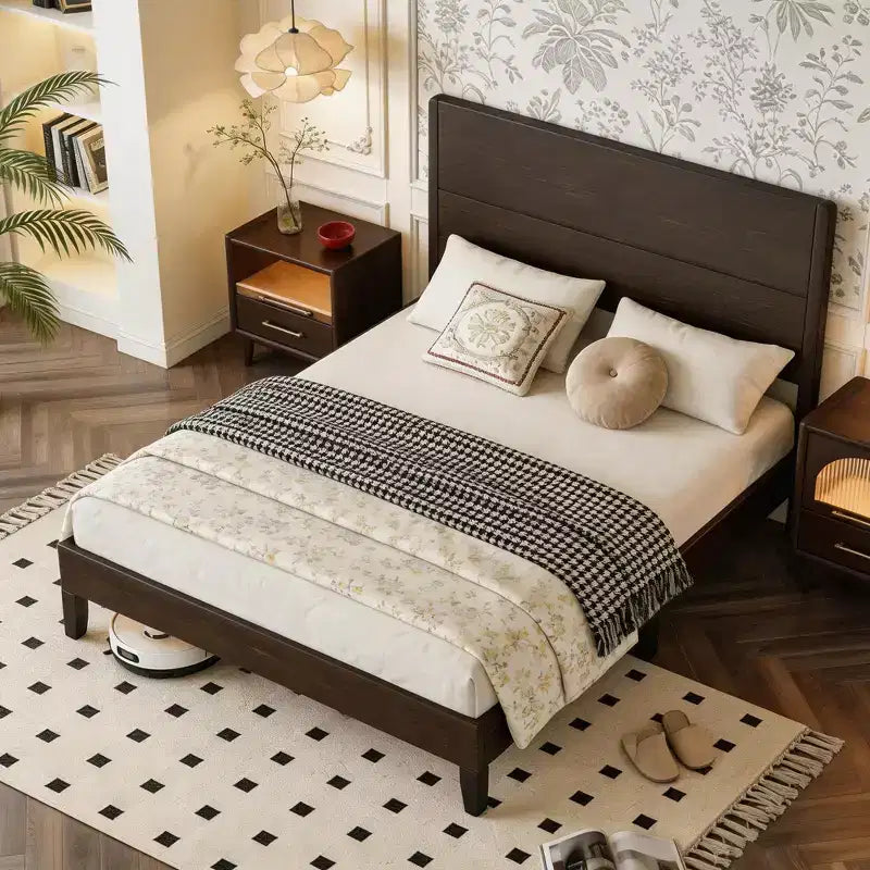 Dyonery Queen/King Size Solid Wood Bed Frame,Rustic Platform Bed with 50 Headboard,Wood Slats Support/Noiseless/No Box Spring Needed/Dark Brown