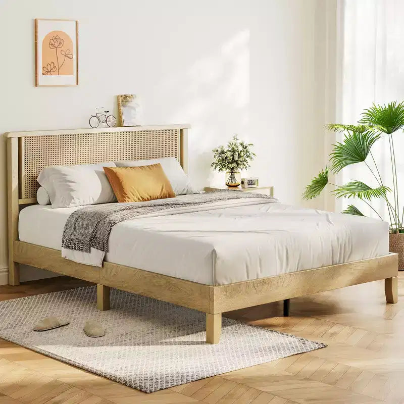 Dyonery Queen Platform Bed Frame with 18.9-Inch Woven Rattan Headboard, Solid Wood Slat Support, Noise-Free Mattress Foundation, No Box Spring Needed