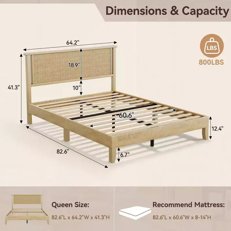 Dyonery Queen Platform Bed Frame with 18.9-Inch Woven Rattan Headboard, Solid Wood Slat Support, Noise-Free Mattress Foundation, No Box Spring Needed
