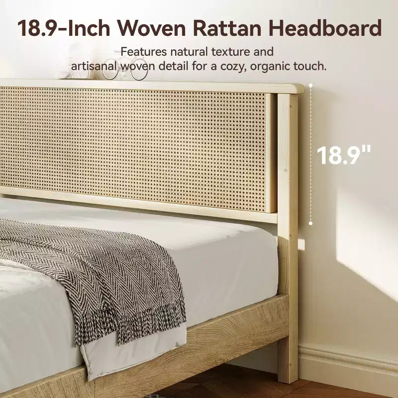Dyonery Queen Platform Bed Frame with 18.9-Inch Woven Rattan Headboard, Solid Wood Slat Support, Noise-Free Mattress Foundation, No Box Spring Needed