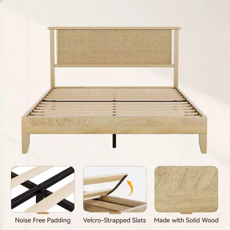 Dyonery Queen Platform Bed Frame with 18.9-Inch Woven Rattan Headboard, Solid Wood Slat Support, Noise-Free Mattress Foundation, No Box Spring Needed