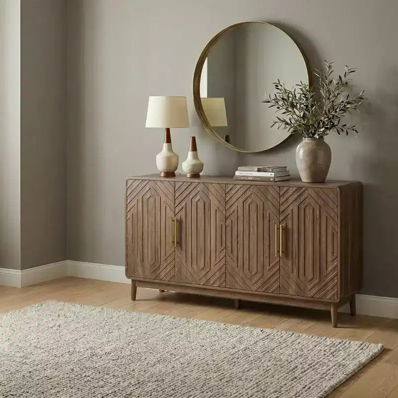 JVNOXK 4-Door Carved Sideboard Buffet Cabinet with Storage & Adjustable Shelves