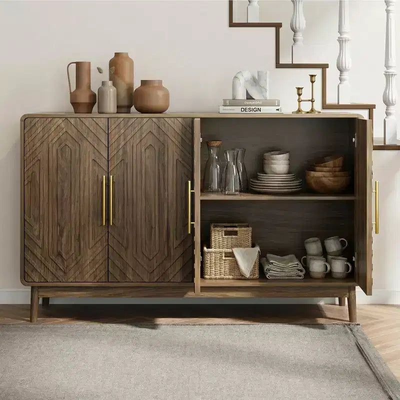 JVNOXK 4-Door Carved Sideboard Buffet Cabinet with Storage & Adjustable Shelves