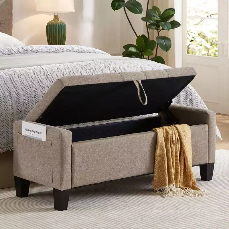 45 Storage Ottoman Bench, Upholstered Entryway Bench with Safety Hinge for Bedroom, Living Room - ModernLuxe